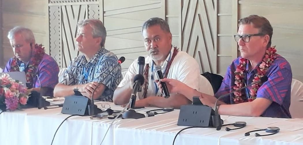 Fa'aolesa Katopau Ainu'u speaking to reporters alongside members of the UN Committee on the Rights of the Child