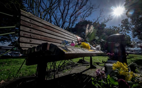 The park bench where homeless man Keith Johnson, died aged 57 on the bench he had sat on most days for the past four years in St Peter's cemetery in Onehunga on July 1.