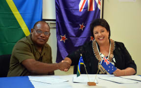 Solomons Police Minister Stanley Sofu with NZ counterpart Paula Bennett