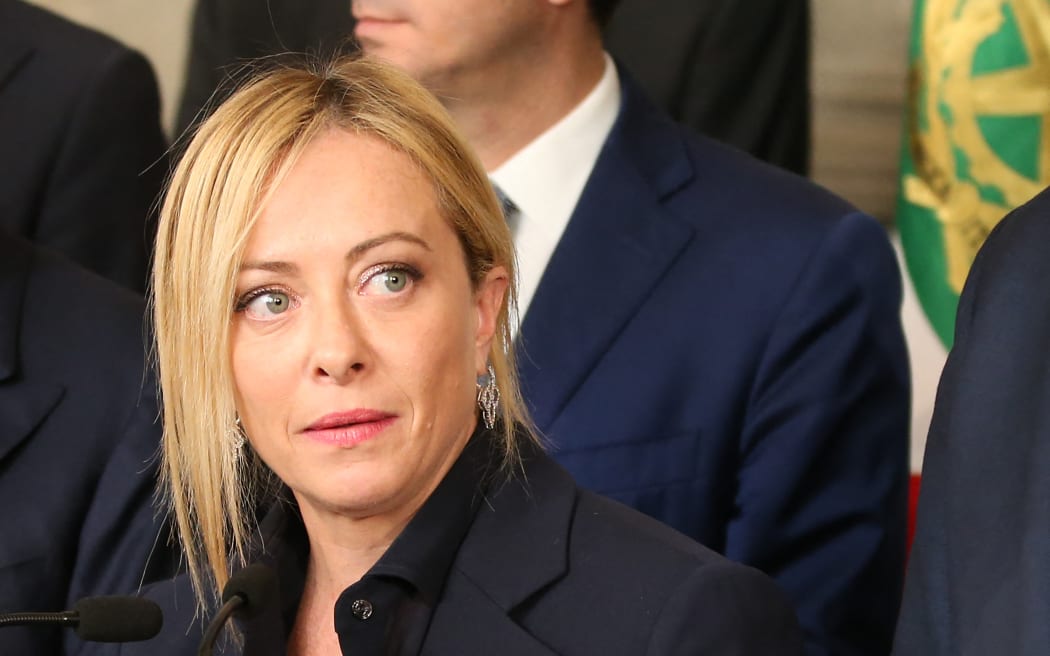 ROME, ITALY - OCTOBER 21: Giorgia Meloni,  leader of the Brothers of Italy party hold a press conference along with Silvio Berlusconi,  leader of Forza Italia party and Matteo Salvini, leader of the League party and after a meeting with Italian President Sergio Mattarella during the first day of political consultations at Quirinale Palace, in Rome, Italy on October 21, 2022. Baris Seckin / Anadolu Agency (Photo by Baris Seckin / ANADOLU AGENCY / Anadolu Agency via AFP)