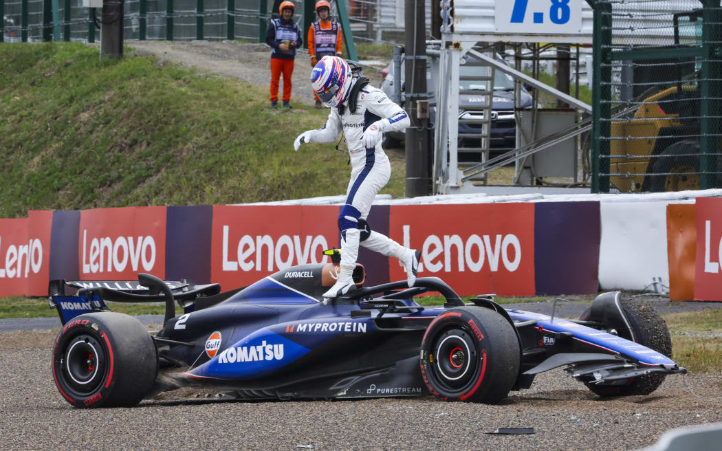 Logan Sargeant of Williams Racing FW46 crashes in FP1 during the free practice sessions for the  Japanese Grand Prix 2024.
