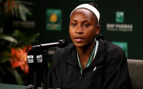 Coco Gauff speaks at a press conference at the BNP Paribas Open, Indian Wells, California.  (Photo by MATTHEW STOCKMAN / GETTY IMAGES NORTH AMERICA / Getty Images via AFP)