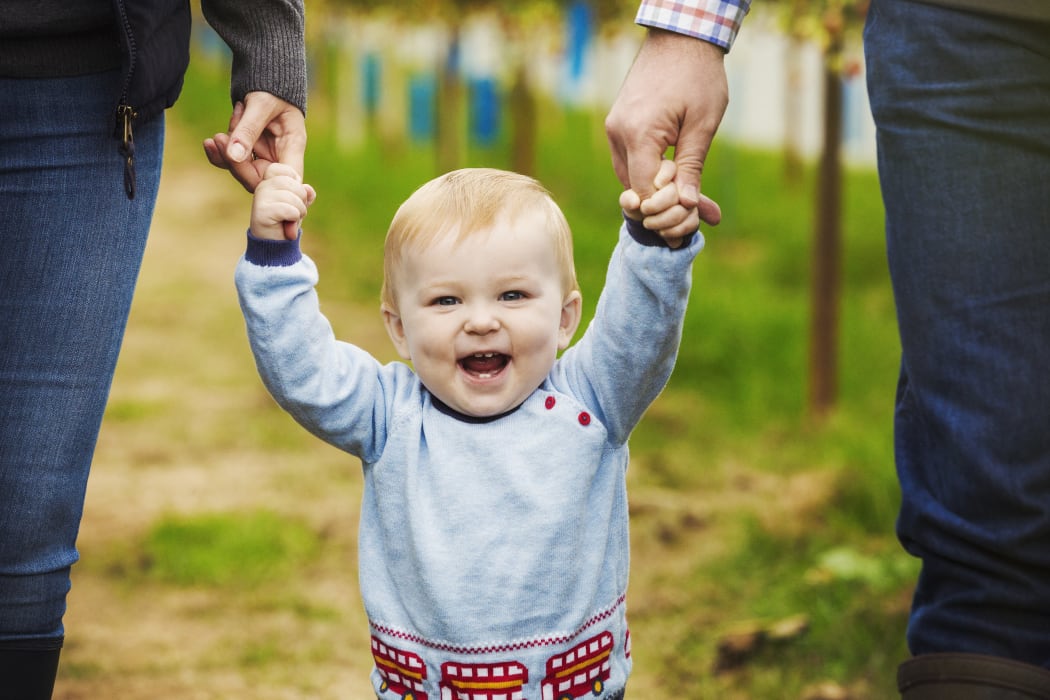 [England] Two adults and a baby boy holding hands in a polytunnel at a fruit farm. (Photo by Mint Images / Mint Images / Mint Images via AFP)