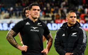A dejected Codie Taylor of the All Blacks and Aaron Smith of the All Blacks  after losing the Rugby Championship rugby game, All Blacks Vs Argentina, at Orangetheory Stadium, Christchurch, New Zealand, 27th August, 2022.