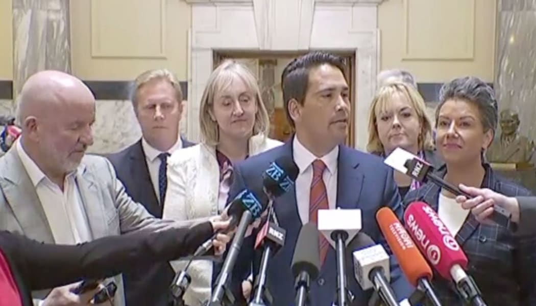 Simon Bridges in one of many press conferences in Parliament this week.