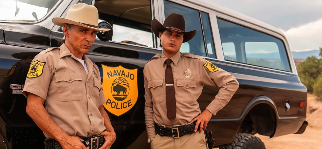 Zahn McClarnon and Kiowa Gordon as Navajo Reservation cops Leaphorn and Chee in the TV series Dark Winds