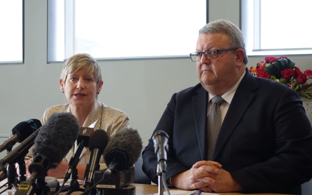 Christchurch mayor Lianne Dalziel  and Canterbury Earthquake Recovery Minister Gerry Brownlee at the announcement of the next phase in the rebuild of Christchurch.