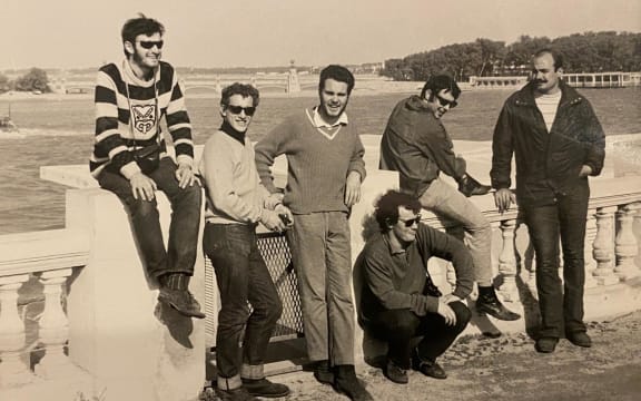 A photo of the five (from left) unidentified Kiwi travellers in 1970. The man on the right was an American traveller.