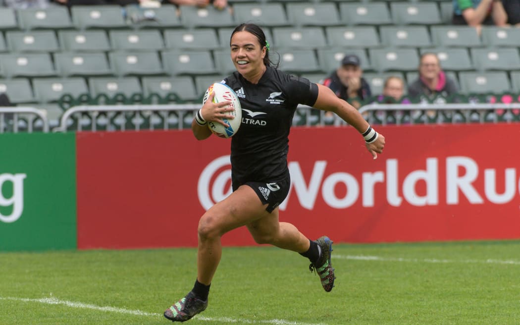 New Zealand Black Ferns Sevens Stacey Waaka smiles as she comes in for a try in Hong Kong, 2023