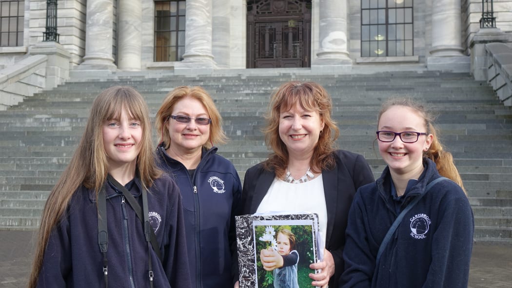 L-R: Imogen Yates-Aitken, teacher Ann Ruxton, Dunedin South and Labour MP Clare Curran, Caitlyn Petrie