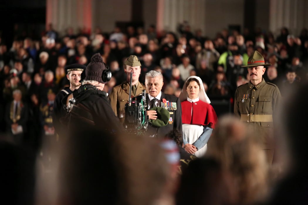 Miki Apiti leads an ode at the Auckland dawn service.