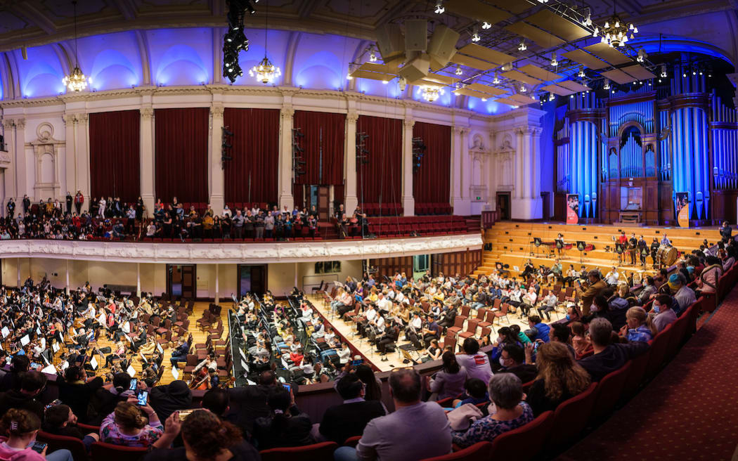 Panoramic view of Big Play In at Auckland Town Hall