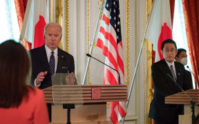 U.S. President Joe Biden and Japanese Prime Minister Fumio Kishida hold a joint press conference at the Akasaka Palace state guest house in Tokyo, Japan on May 23, 2022. Nicolas Datiche / Sipa Press / Pool / Anadolu Agency (Photo by Nicolas Datiche / Sipa Press / P / ANADOLU AGENCY / Anadolu Agency via AFP)