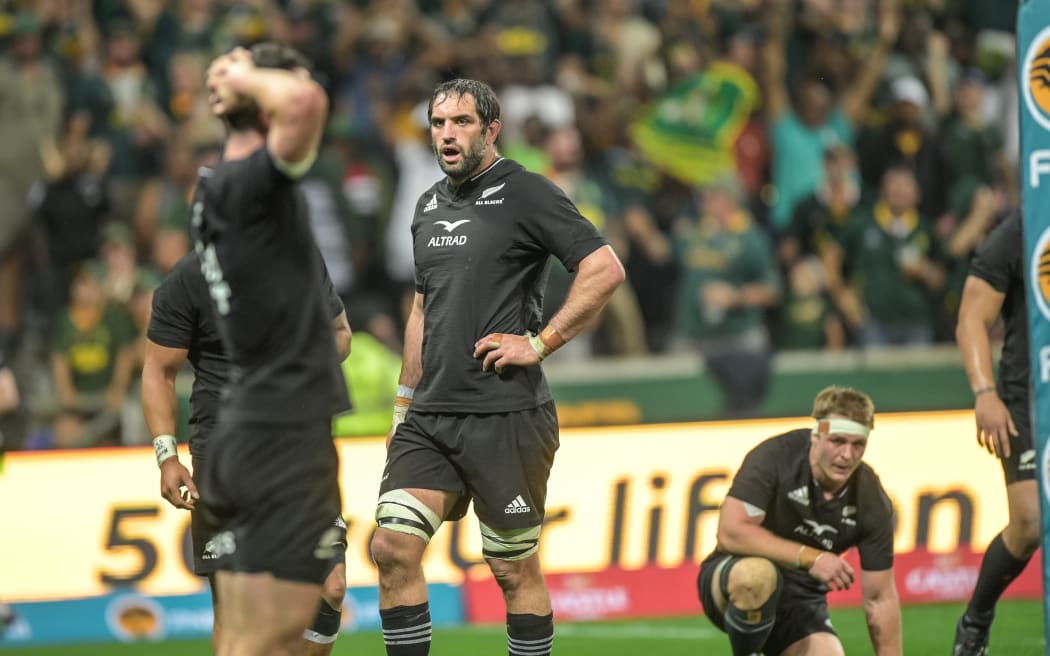 Dejected All Black players after losing the match during the New Zealand All Blacks v South Africa Springboks rugby union match at Mbombela Stadium, South Africa on Saturday 6 August 2022.
2022 Lipovitan-D Rugby Championship.
Mandatory credit: © Christiaan Kotze / www.photosport.nz