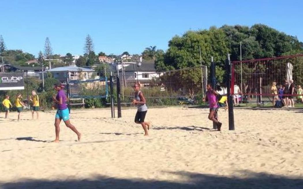 The Vanuatu team trains before the NZ Beach Volleyball Open in Auckland.