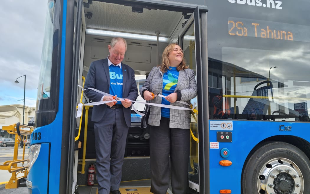 Nelson Mayor Nick Smith and Nelson MP Rachel Boyack onboard a new eBus