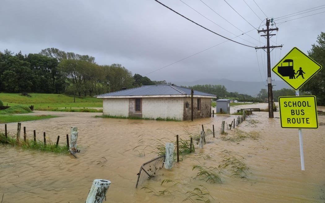 Flooded roads in Kaipara District, Northland.