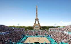 A temporary stadium next to the Eiffel Tower will host the Olympics beach volleyball tournament.