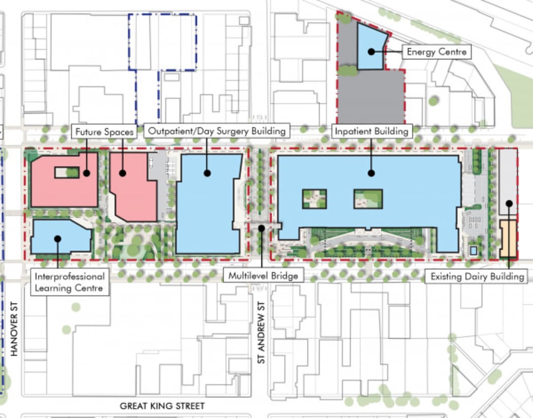 A birds-eye view of the planned Dunedin Hospital precinct.