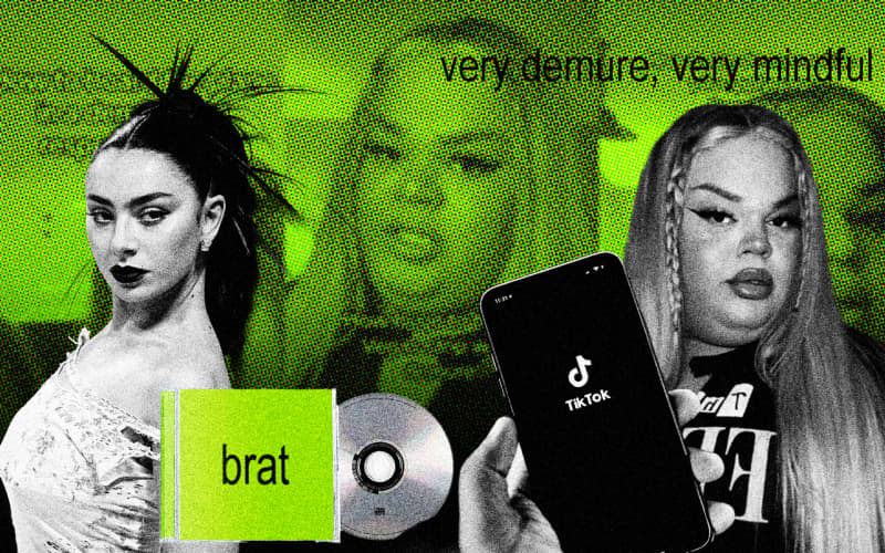 Composite graphic of musician Charli XCX, her album, and viral TikTok influencer Jools LeBron with tiktok imagery and her viral quote "very demure, very mindful"