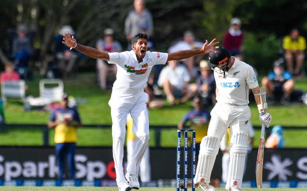 Kasun Rajitha of Sri lanka appeals for a wicket Kane Williamson of the Black Caps during Day 4 of the first cricket test match, New Zealand Black Caps Vs Sri lanka, at Hagley Oval, Christchurch, New Zealand. 12th March 2023. © Copyright photo: John Davidson / www.photosport.nz
