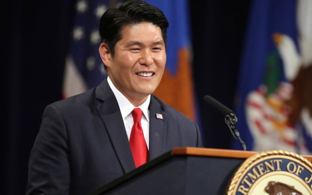 (FILES) In this file photo taken on May 9, 2019,  US Attorney for the District of Maryland Robert Hur speaks during Deputy Attorney General Rod Rosenstein's farewell ceremony at the Robert F. Kennedy Main Justice Building in Washington, DC. - US Attorney General Merrick Garland on January 12, 2023, named Hur as an independent special counsel  to probe US President Joe Biden's alleged mishandling of classified documents. Garland said Hur, a private attorney and former government prosecutor, would examine whether the discovery of classified government documents in Biden's home and in a research institute linked to the president violated any laws. (Photo by CHIP SOMODEVILLA / GETTY IMAGES NORTH AMERICA / AFP)