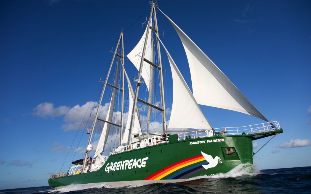 Rainbow Warrior sailing at full sail in UK waters in October 2021.