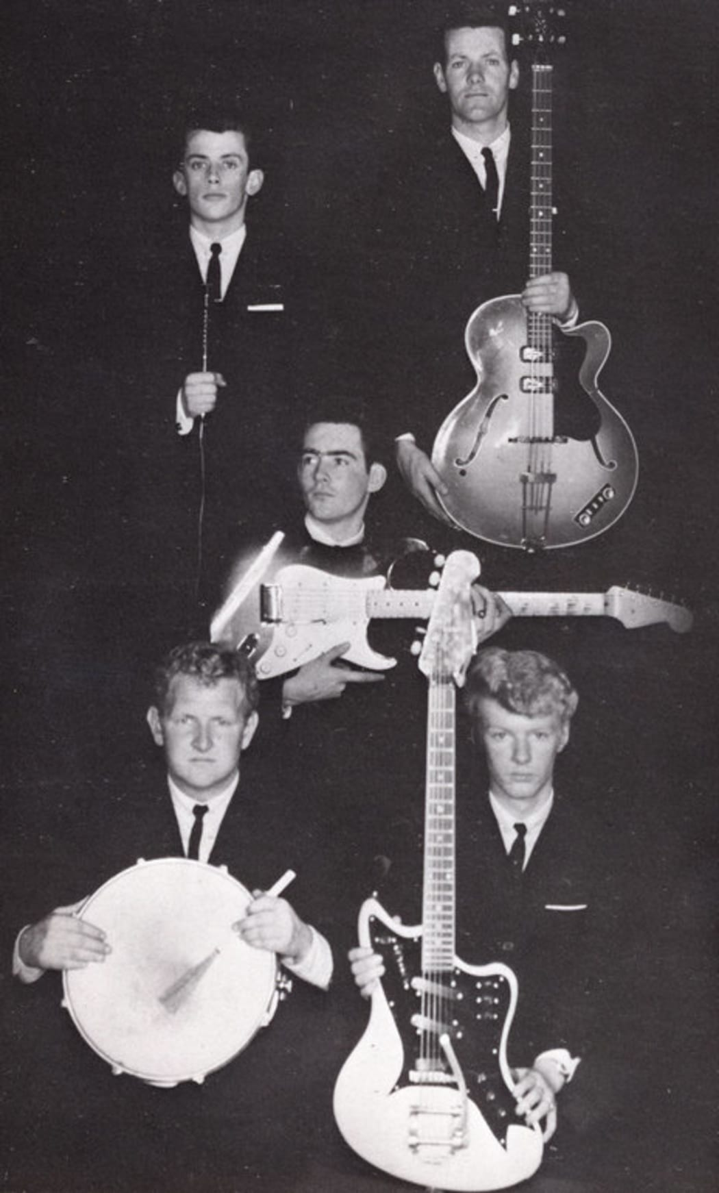 Ray Columbus & The Invaders in 1962 Top Ray Columbus, Mac Jamieson, Centre Wally Scott; Bottom Pete Ward, Dave Russell