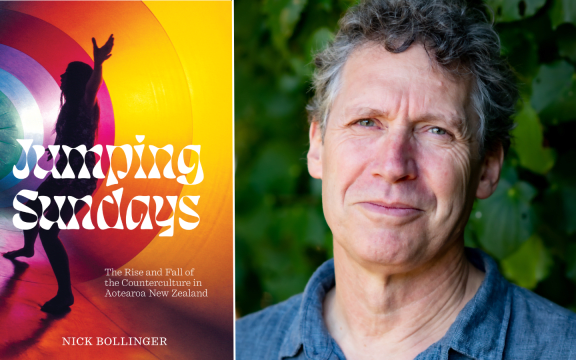 Nick Bollinger and the cover of his new book Jumping Sundays.