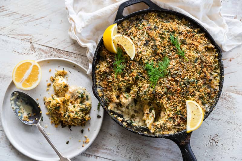 Fish pie with a pistachio and parsley crumb