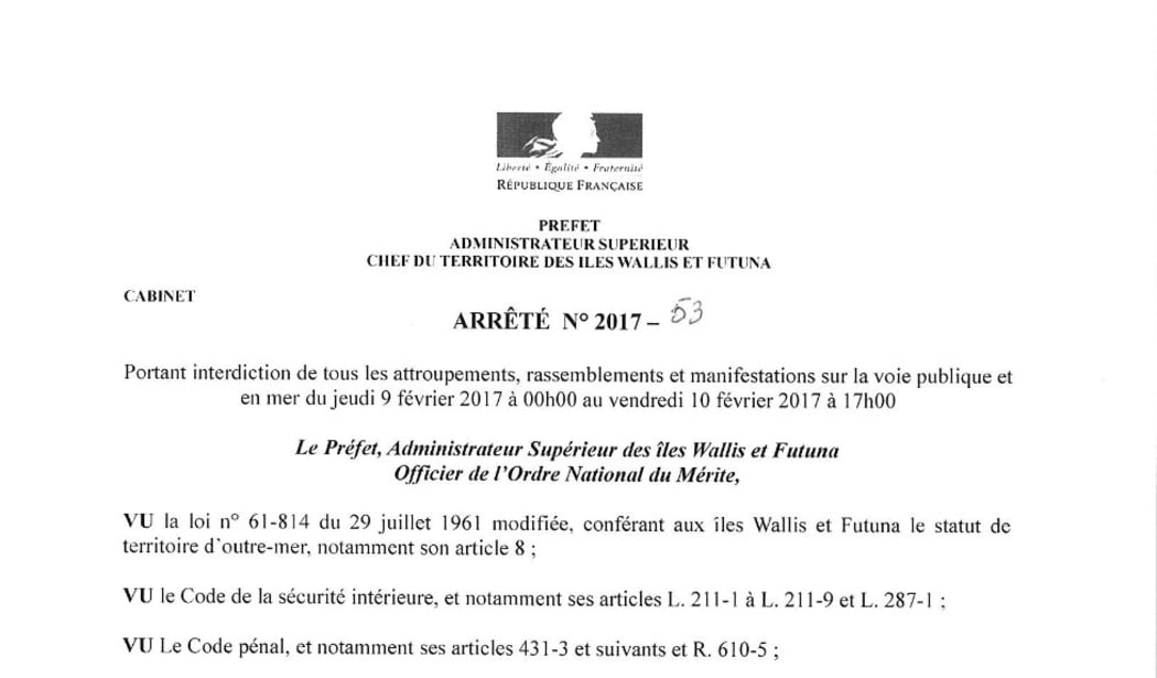The decree banning demonstrations on Wallis and Futuna .