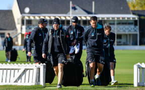 Doug Bracewell, Tom Latham, Ish Sodhi, Ross Taylor  and BJ Watling  during the Blacks Caps training at Lincoln.