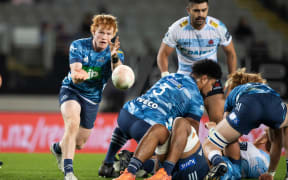 Blues halfback Finlay Christie during the SKY Super Rugby Trans-Tasman rugby match between the Blues and the Waratahs held at Eden Park, Auckland, New Zealand.  22  May  2021
