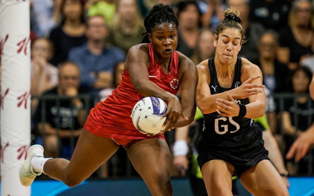 England goal keep Razia Quashie beats Silver Ferns goal shooter Maia Wilson to the ball in the third Taini Jamison Trophy tests at Claudelands Arena, Hamilton, New Zealand. 01 November 2020.