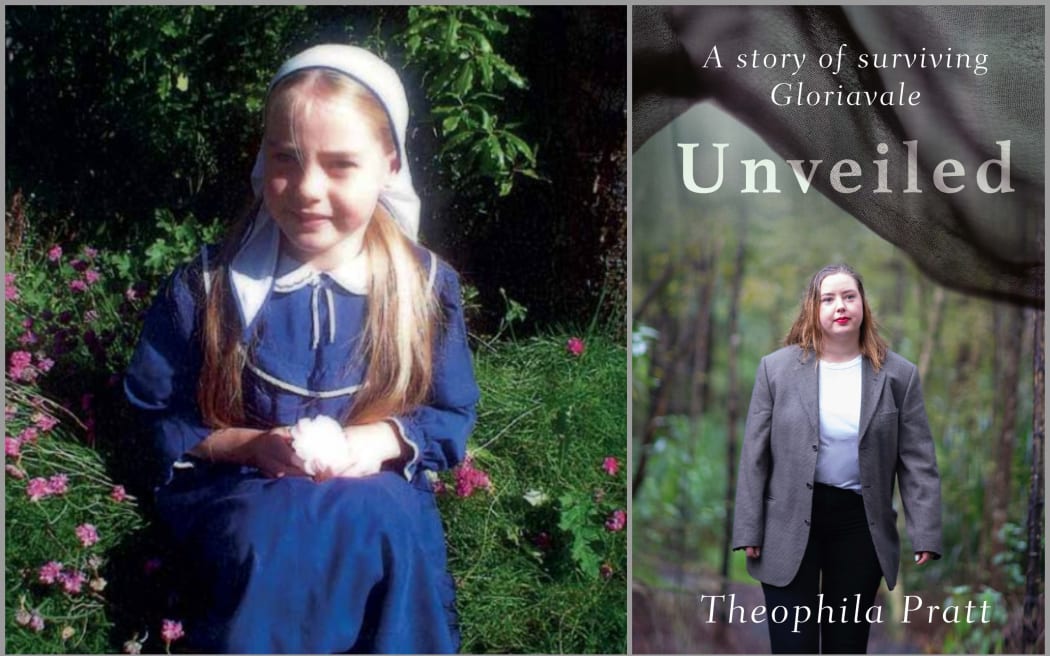 Image of a young Theophila at Gloriavale and the cover of her book 'Unveiled'