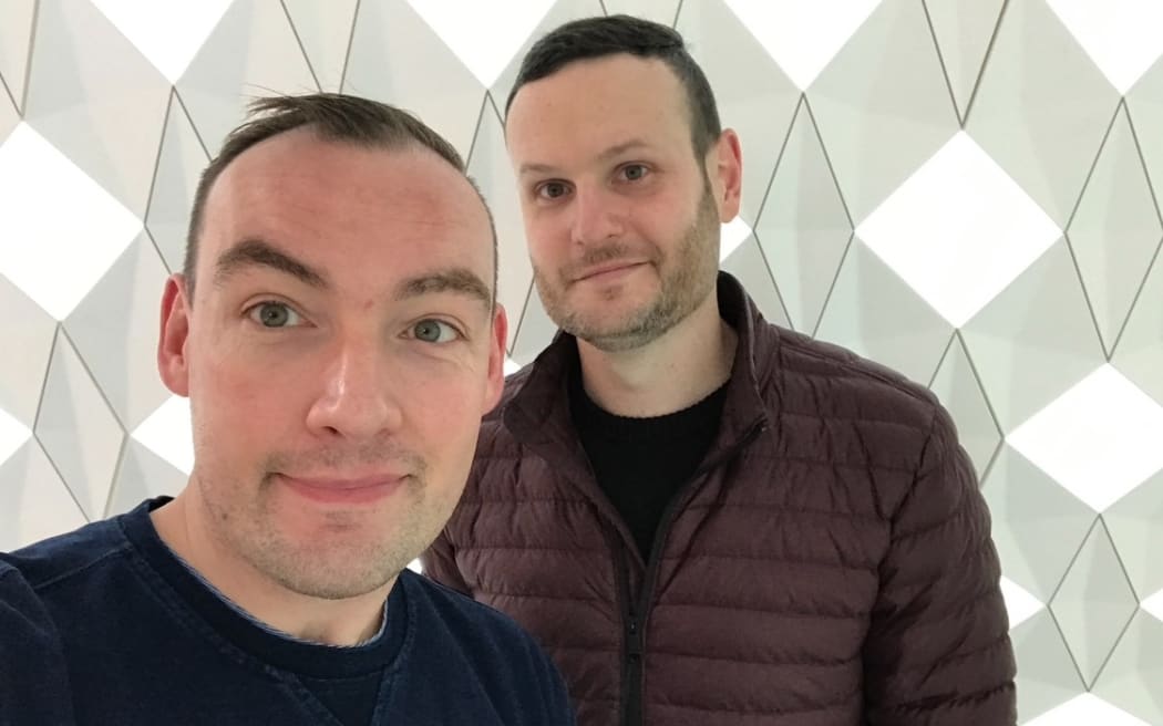 Franz Demhardt (left) and his partner Luke Andrews say they thought they might die as flames began to belch from the engine of their Virgin Australia flight on Monday evening.