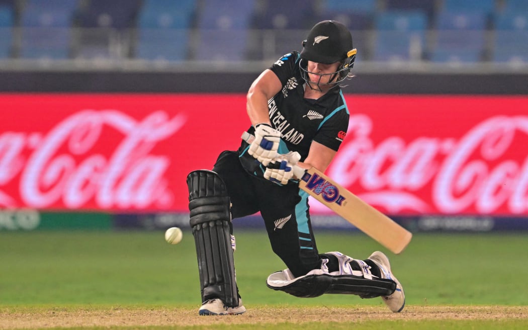 New Zealand's Brooke Halliday plays a shot during the ICC Women's T20 World Cup cricket final match between South Africa and New Zealand at the Dubai International Cricket Stadium in Dubai.