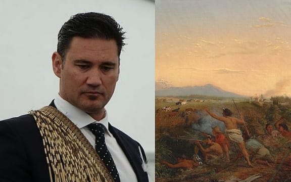 Jamie Tuuta / Detail from the 1861 painting 'View of Mt Egmont, Taranaki, New Zealand, taken from New Plymouth, with Maoris driving off settlers’ cattle' by William Strutt