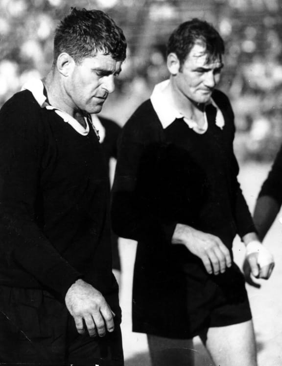 Colin Meads and Brian Lochore during a game between the All Blacks and Eastern Transvaal in 1970, location unknown.