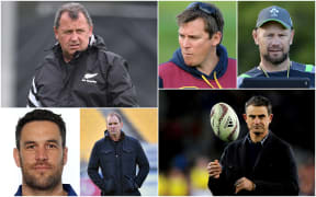 All Blacks head coach Ian Foster (Top left), David Hill (Bottom Left), John Plumtree (Middle Bottom), Brad Mooar (Middle Top), Greg Feek (Top Right) and Scott McLeod (Bottom Right).