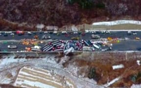 Aerial shots of the 56-vehicle pile-up  North China's province of Shanxi show the full extent of the crash.