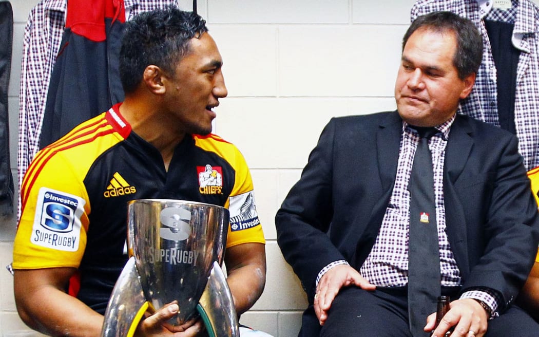 Bundee Aki and Dave Rennie celebrate in the dressing room after winning the 2013 Super Rugby Final.