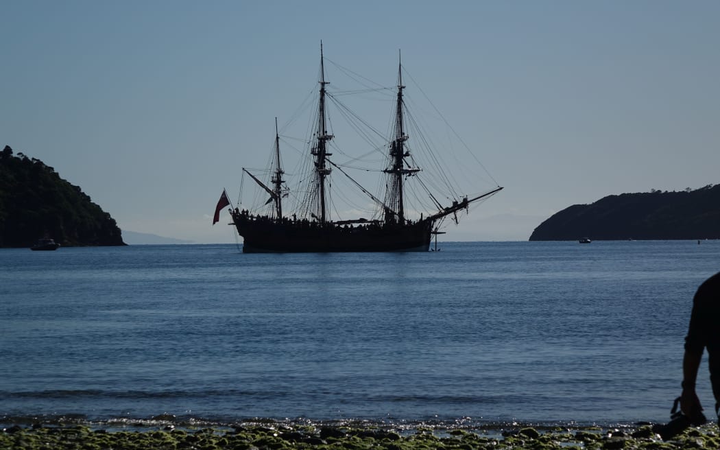 Replica of Cook's Endeavour at Ship Cove in the outer Marlborough Sounds