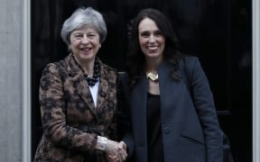British Prime Minister Theresa May greets Prime Minister Jacinda Ardern outside 10 Downing Street.
