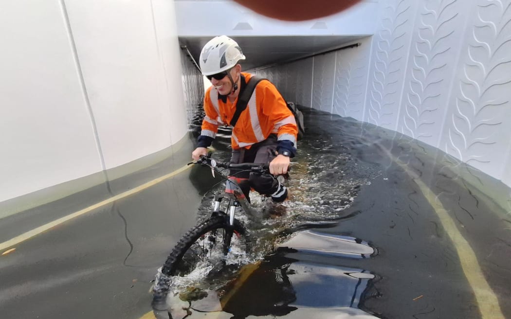 The flooded Petone railway underpass on the nearly-new $70 million cycleway.