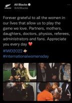 The All Blacks original International Women's Day tweet, which has since been deleted