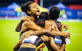 The PNG women's 4x400m relay team celebrate their gold medal win in Honiara on Thursday. 30 November 2023