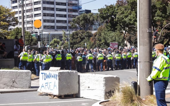 Police at Covid convoy protest - Parliament, Wellington on 24 February.