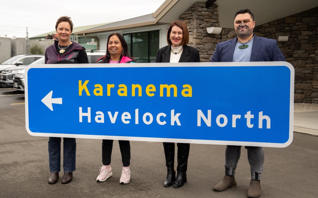 Hastings mayor Sandra Hazlehurst with Takitimu Māori Ward councillors from left Ana Apatu, Kellie Jessup and Renata Nepe at the Downer depot in Hastings. Downer NZ has been contracted to install the signs.