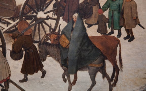Journey to Bethlehem, detail of Holy Family HR (Peter Brueghel the Elder, Fine Arts Museum Brussels)